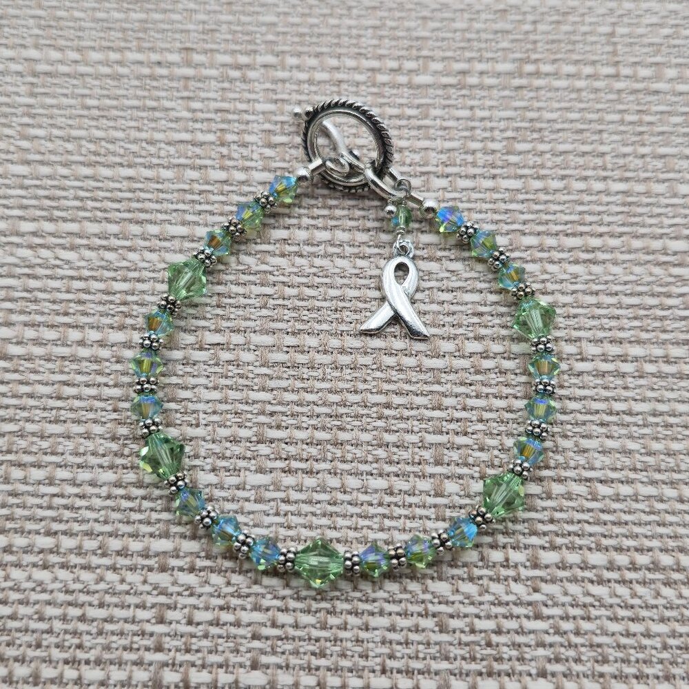 6.5 Inch Sterling Silver Green Crystal Breast Cancer Charm Bracelet B536